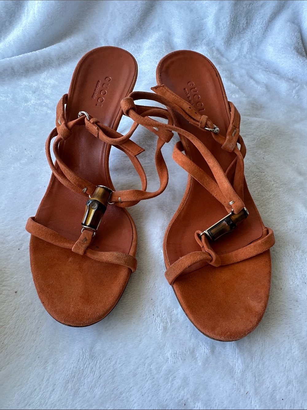 Gucci Rust Orange Suede Bamboo-Detail Strappy Sandals
